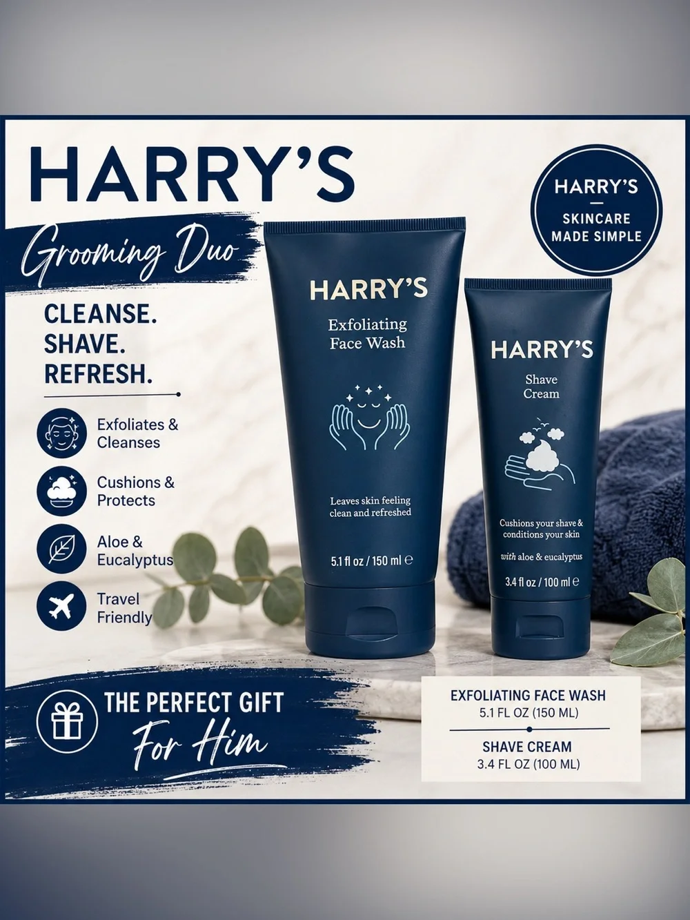 Harry’s Men’s Grooming Set Exfoliating Face Wash 5.1 oz + Shave Cream 3.4 oz NEW